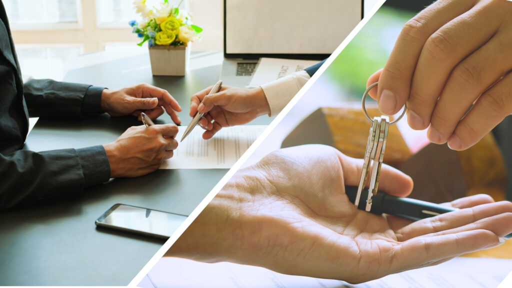 Split image comparing equipment leasing vs buying options for businesses