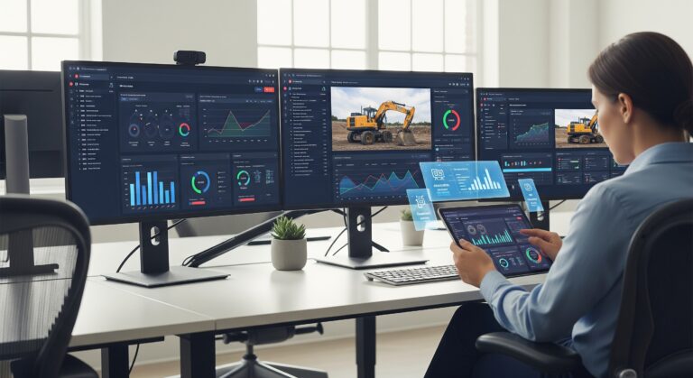 A modern, bright office environment with multiple computer monitors displaying digital dashboards, charts, and images of heavy equipment. In the foreground, a person who appears to be a finance professional is seated, reviewing data on a tablet with futuristic UI overlays. The lighting is realistic and clean. No text is visible on the screens, and the person's face is not fully visible