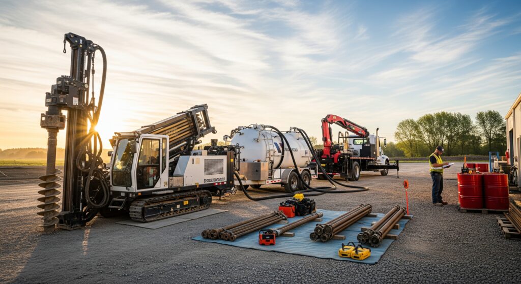 A horizontal landscape photo of a clean and bright construction yard. A variety of equipment is arranged in clear view, including a horizontal directional drill, a vacuum excavation trailer, and a support truck with an attachment. A small section of neatly organized tooling is also visible. In the background, a worker in a safety vest stands near stacked fuel drums, reviewing a clipboard.