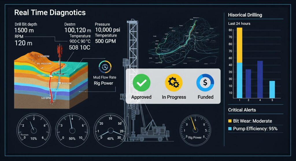 A digital dashboard displays drilling rig diagnostics. An overlay features three financing icons: a green "Approved" icon with a checkmark, a yellow "In Progress" icon with a gear, and a blue "Funded" icon with a dollar sign.