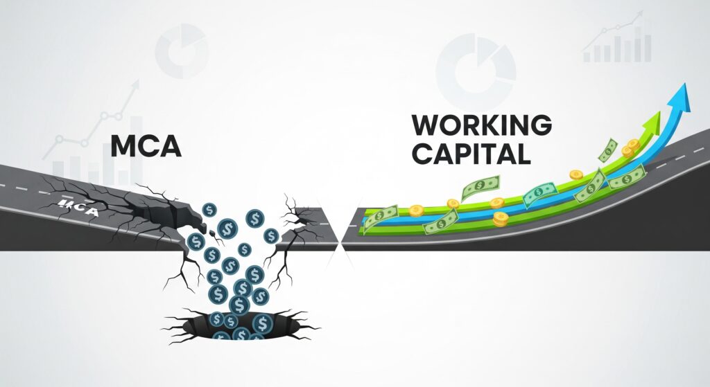 Side-by-side illustration comparing MCA drawbacks with the stability of working capital loans.