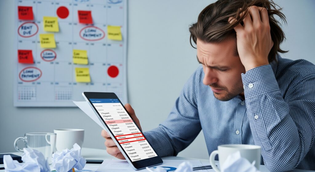 A business owner stressed over daily MCA withdrawals, showing how constant payments impact cash flow.