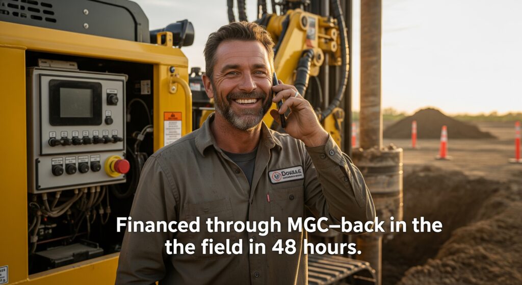 A confident HDD contractor is on a call, smiling beside a new, bright yellow HDD rig. The background shows a construction site at sunset. A white text caption at the bottom of the image reads: "Financed through MGC—back in the field in 48 hours."