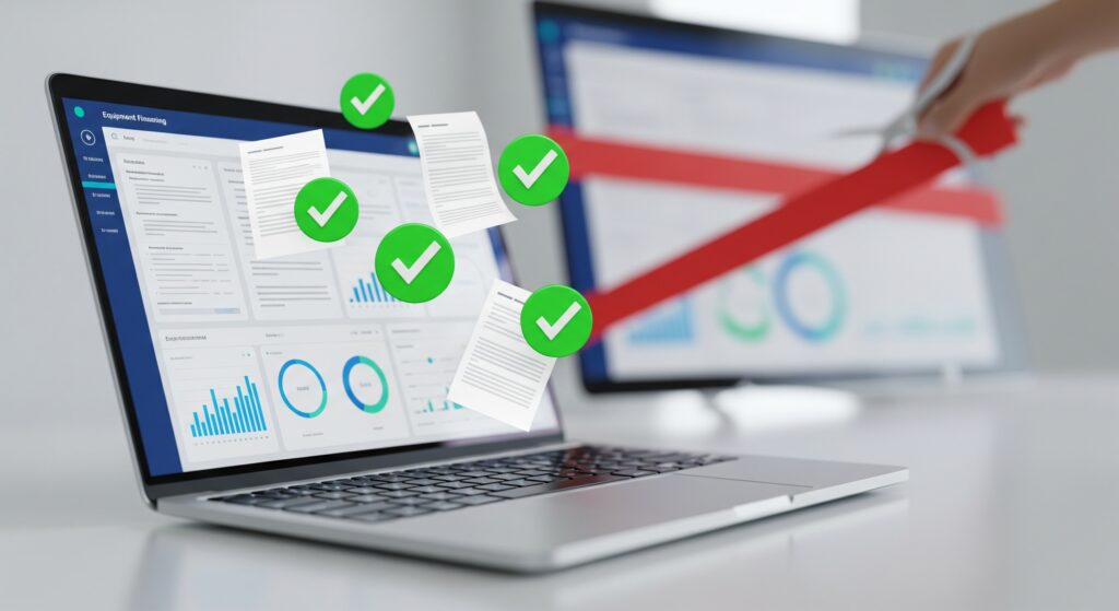 A modern, clean office desk with a laptop displaying a vibrant equipment financing dashboard. Digital green checkmarks float above documents on the screen, while in the background, a person is cutting red tape. The lighting is bright and professional, conveying a sense of fast approvals and streamlined processes. The scene is futuristic but approachable, with no visible text on screens and no faces.