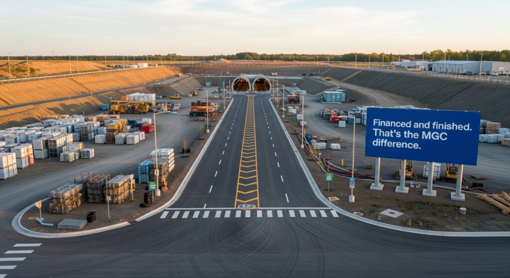 A horizontal, drone shot of a completed underground drilling project. The site is clean, paved, and operational, with a wide road leading to a tunnel entrance. A sign near the entrance reads: "Financed and finished. That's the MGC difference."