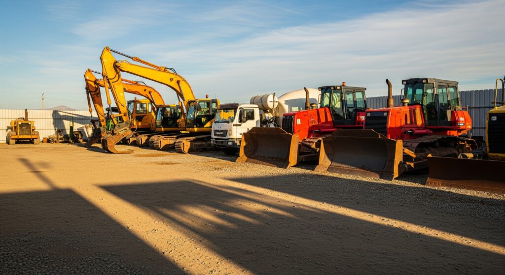 A horizontal landscape image of a clean, organized equipment yard on a sunny day. A variety of construction machinery, including yellow excavators, a red bulldozer, and trucks, are lined up on gravel. Long shadows are cast across the ground, highlighting the afternoon sunlight.