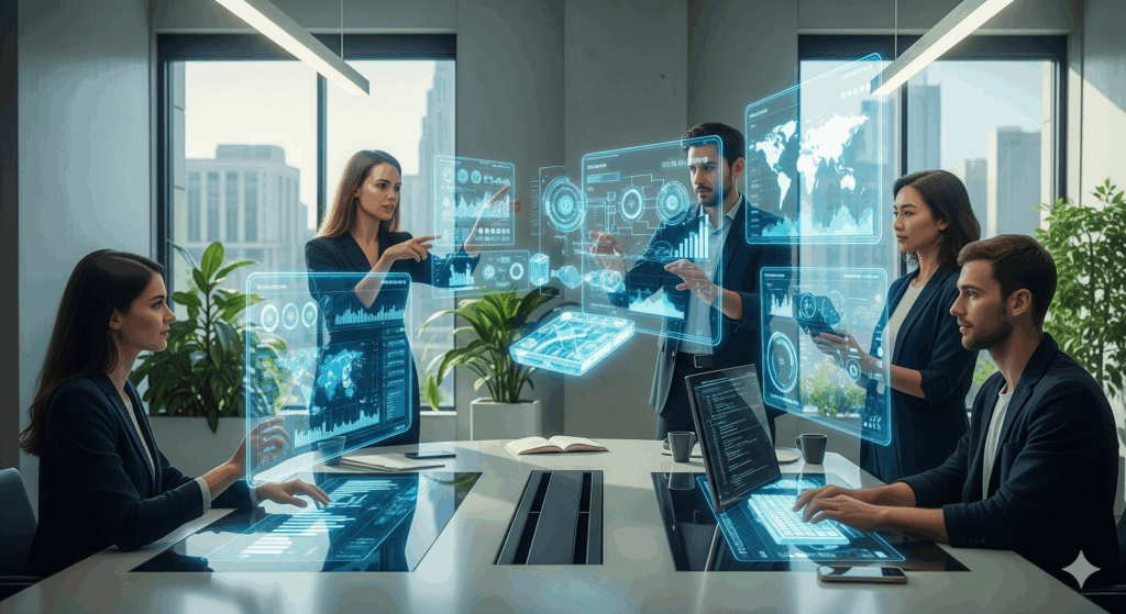 Futuristic business workspace with holographic AI interfaces, team collaborating on digital strategy, horizontal landscape, minimal text.