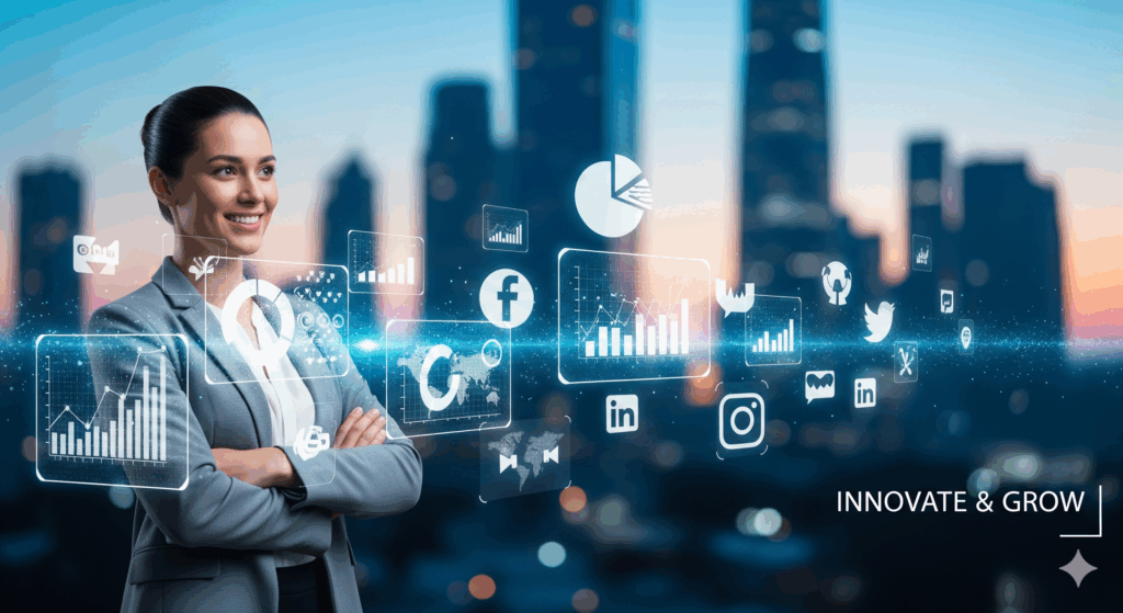 A small business owner standing confidently in front of a digital cityscape with AI holograms and social media icons floating, modern, horizontal landscape, minimal text.