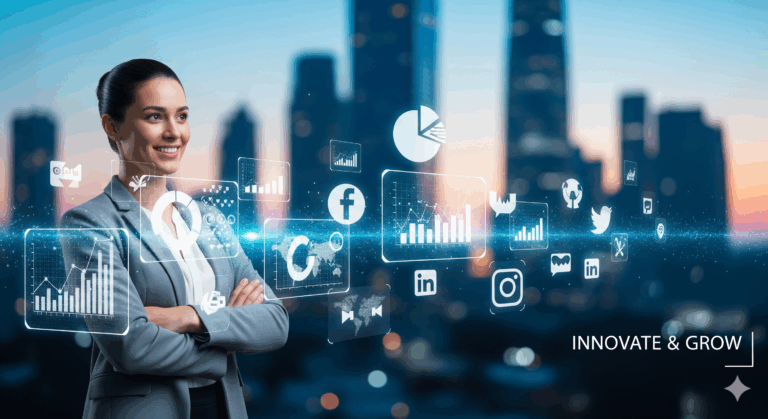 A small business owner standing confidently in front of a digital cityscape with AI holograms and social media icons floating, modern, horizontal landscape, minimal text.