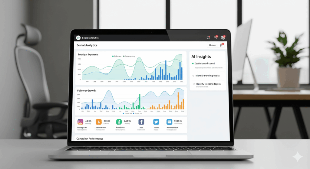 Laptop screen showing social media analytics and AI-powered marketing tools, modern office background, horizontal landscape, minimal text.