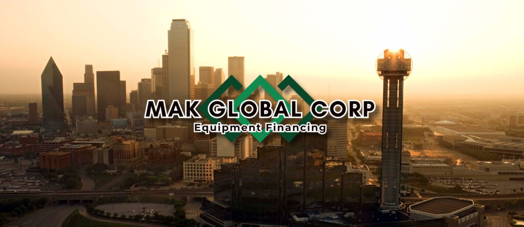 Aerial shot of dallas texas with Mak Global Corporation's equipment financing logo