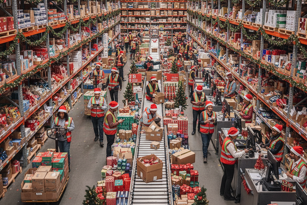 Here's the alt text, title, and description for the image:

Alt Text: A wide shot of a bustling warehouse or large retail store during the holidays, filled with tall shelves packed with products. Numerous staff members, wearing safety vests and Santa hats, are actively processing and packing orders. A conveyor belt runs down the center, loaded with gift-wrapped boxes, and holiday decorations like garlands and small Christmas trees are interspersed throughout the aisles. A red banner overhead reads "HAPPY HOLIDAYS & EXPRESS SHIPPING!".