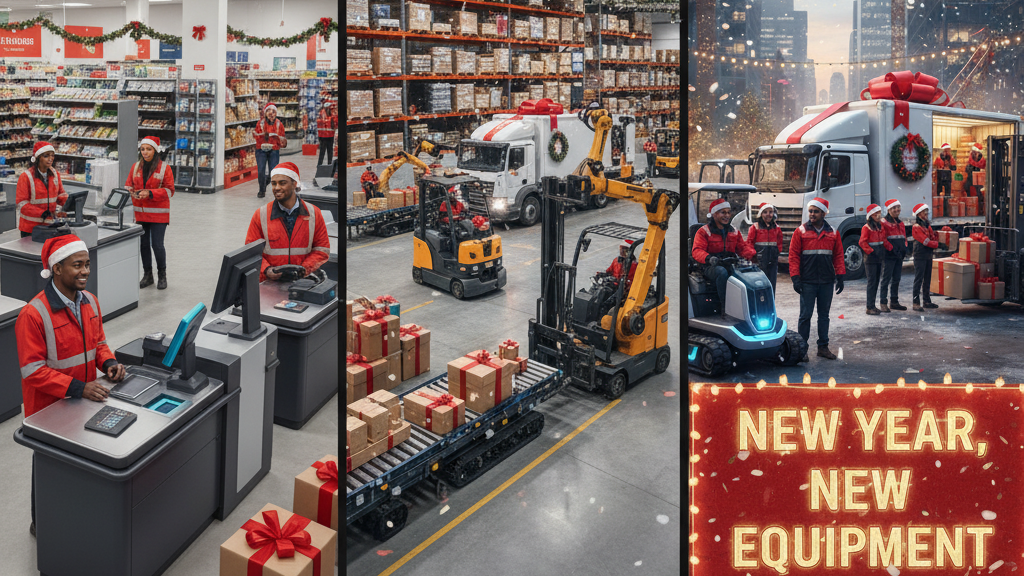 A festive three-panel collage showcasing different businesses efficiently using new equipment during the holidays, with an overarching theme of easy financing. The left panel depicts a busy retail store where staff in Santa hats efficiently manage sales with new point-of-sale systems. The middle panel shows a logistics warehouse with forklifts and conveyor belts smoothly handling packages. The right panel displays a decorated construction site with a delivery truck, construction equipment, and crew. All panels feature holiday decorations and banners. A large red sign at the bottom of the collage states "NEW YEAR, NEW EQUIPMENT" and another prominent banner at the very bottom reads "FINANCING MADE EASY!".