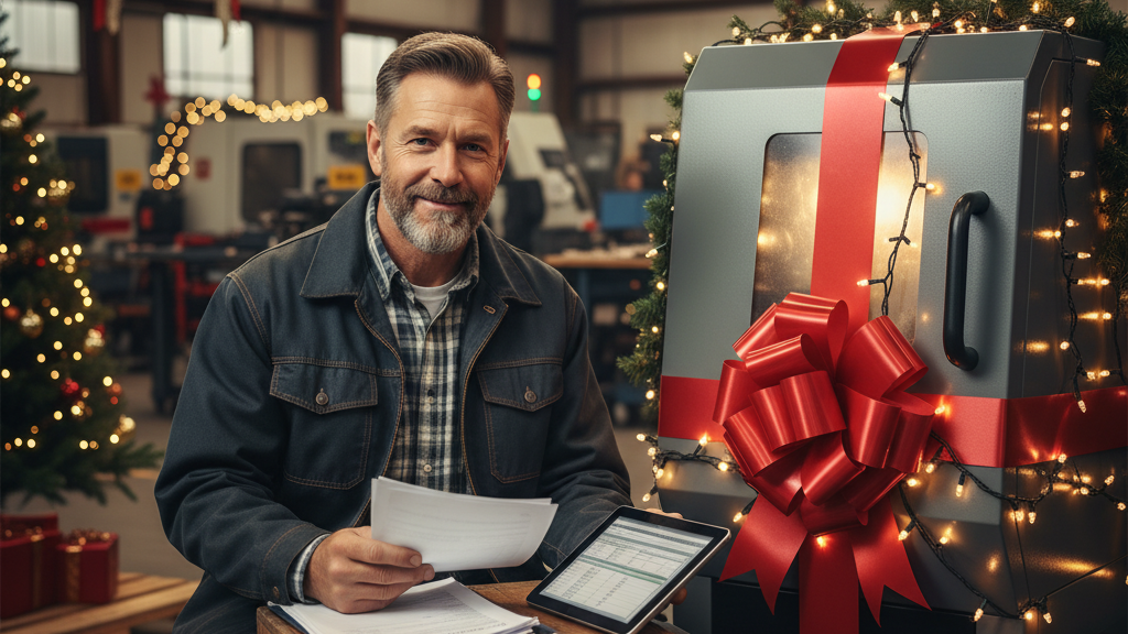 A smiling, bearded blue-collar business owner, wearing a denim jacket and plaid shirt, is seated on a wooden crate in a workshop or factory setting. He is reviewing financing documents, holding papers in one hand and looking at a tablet displaying financial data. Beside him, a new piece of industrial machinery is decorated with a large red holiday ribbon and twinkling Christmas lights. The background is adorned with festive garlands and another Christmas tree, creating a cheerful, industrialized holiday atmosphere.