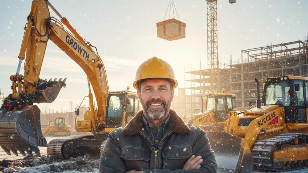 A smiling, bearded blue-collar business owner, wearing a yellow hard hat and a work jacket, stands with his arms crossed in a snowy construction site. In the background, heavy construction equipment like excavators and bulldozers are visible, some decorated with subtle holiday wreaths. A crane in the distance carries a large gift-wrapped box, and the words "GROWTH" and "SUCCESS" are visible on the equipment, symbolizing progress and achievement in the winter setting. A banner on the crane subtly mentions "FINANCING MADE EASY".