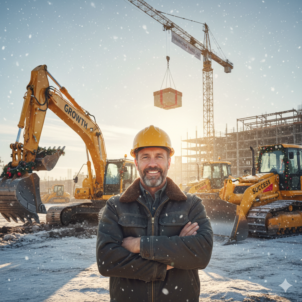 A smiling, bearded blue-collar business owner, wearing a yellow hard hat and a work jacket, stands with his arms crossed in a snowy construction site. In the background, heavy construction equipment like excavators and bulldozers are visible, some decorated with subtle holiday wreaths. A crane in the distance carries a large gift-wrapped box, and the words "GROWTH" and "SUCCESS" are visible on the equipment, symbolizing progress and achievement in the winter setting. A banner on the crane subtly mentions "FINANCING MADE EASY".